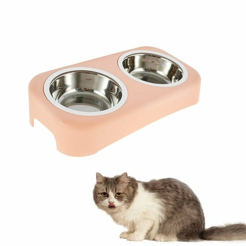 Cat Stainless Steel Bowls Pet Feeding Double Bowl