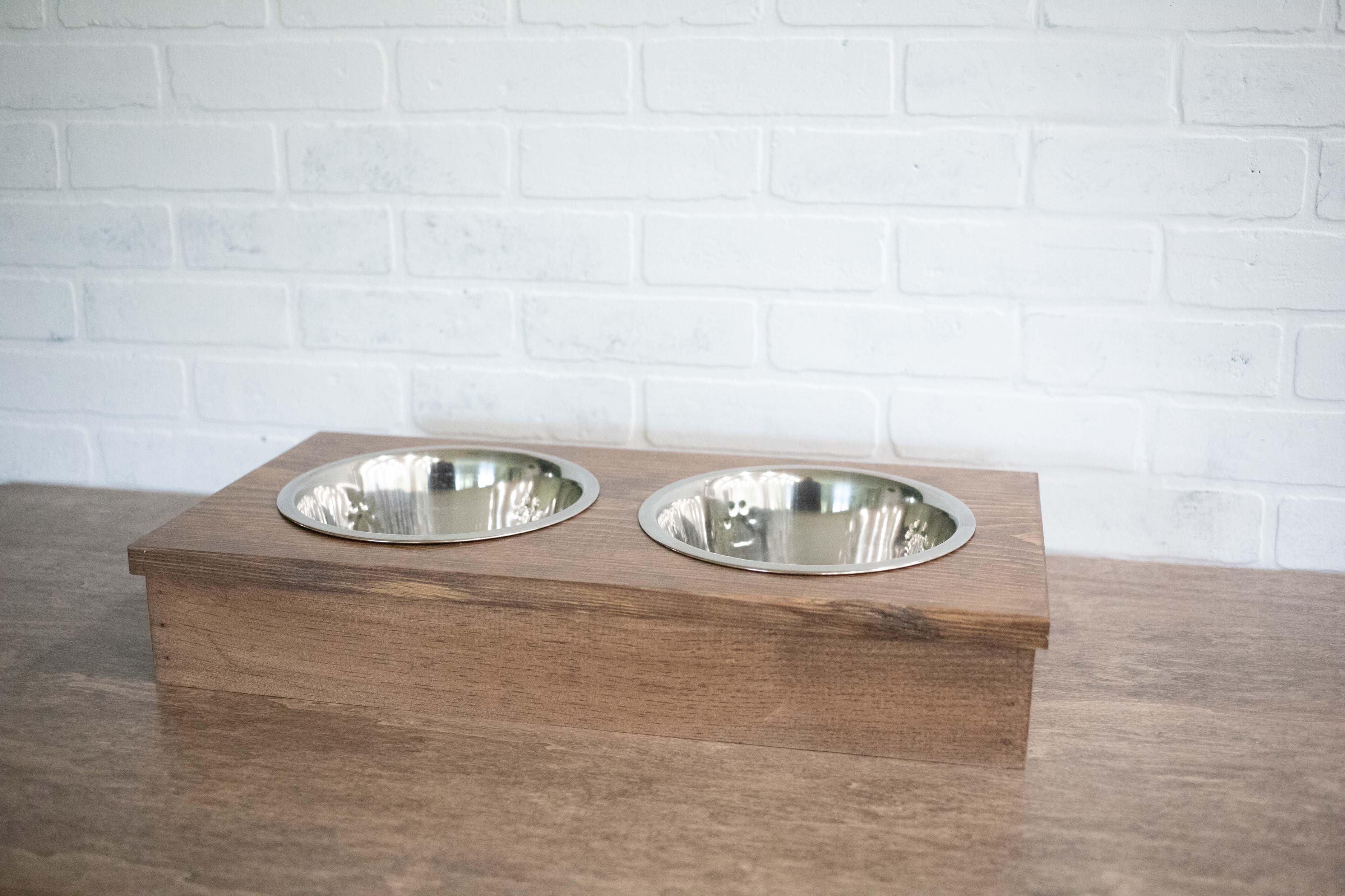 Wooden Feeder with Stainless Steel Bowls