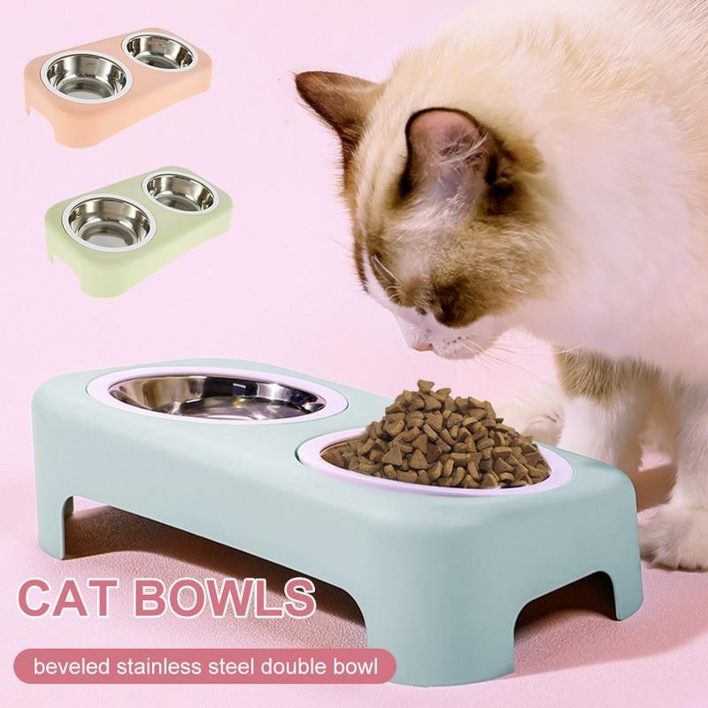 Cat Stainless Steel Bowls Pet Feeding Double Bowl