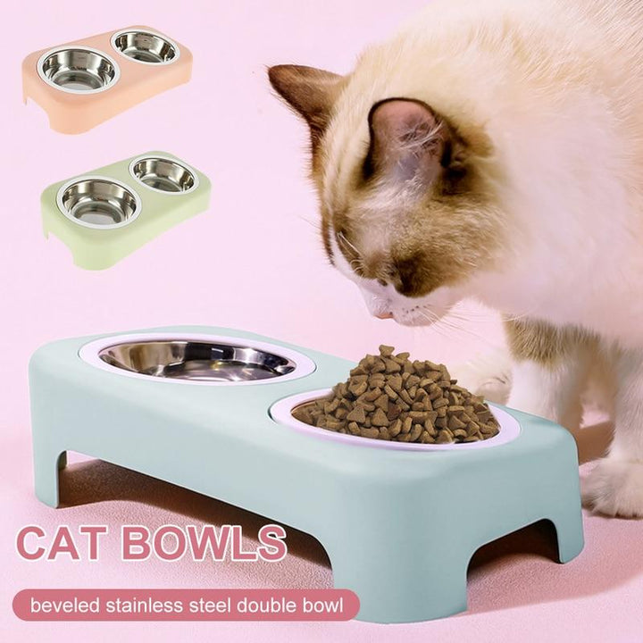 Cat Stainless Steel Bowls Pet Feeding Double Bowl