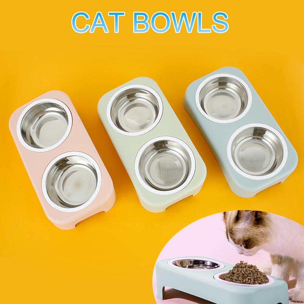 Cat Stainless Steel Bowls Pet Feeding Double Bowl